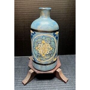 Hand Painted Vase Floral Blue Terracotta Rustic Distressed Pottery 9" Bottle